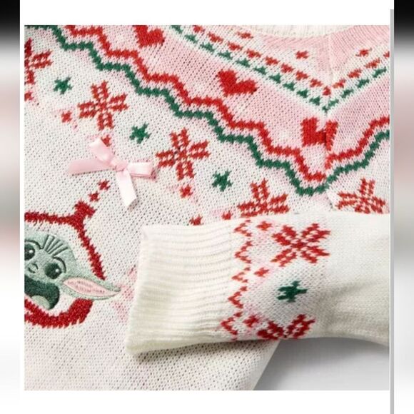 Nwt Toddler Girls' Star Wars Baby Yoda Christmas Ugly Pullover Sweater - Beige - Picture 3 of 8